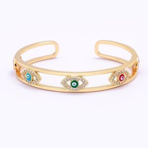 Brand New Gold Evil Eye, Precious Stone Accent Cuff Bracelet